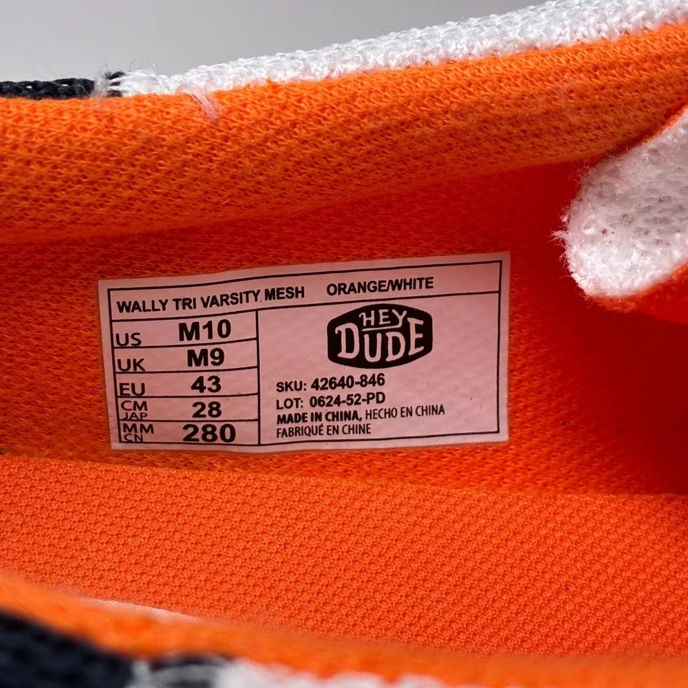 HEY DUDE Wally Tri Varsity Men's US 10 Orange White Mesh Casual Slip-On Shoes